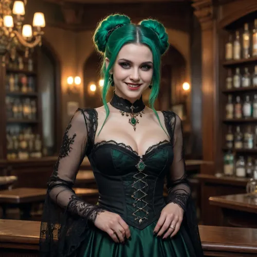 Green haired Girl, (evil smile), Gothic, style dress high details, complex decorations wide hips, thin waist scandalous dress of a barkeep + neckline + big bust + jewellery, very long transparent sleeves