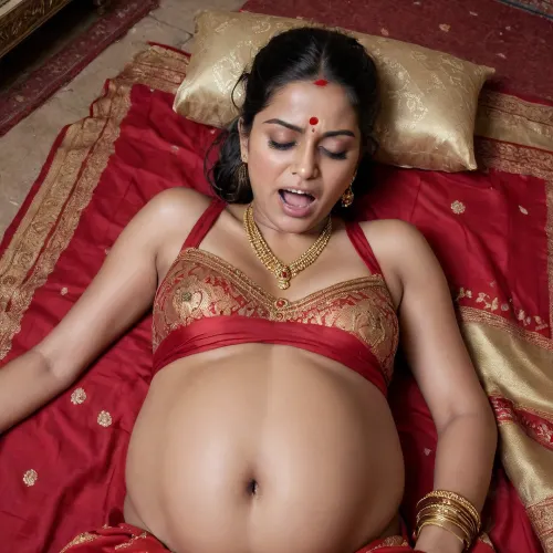 The heavily pregnant Indian woman, her dark skin glistening with sweat, is lying on her back, her legs spread wide. She's wearing traditional gold jewelry, a bindi on her forehead, and a vibrant red saree that's bunched up around her waist, exposing her bare lower half. Her long, black hair is tied back in a messy bun, tendrils framing her flushed face.She's in the final stages of labor, her face contorted in pain as she pushes.Suddenly, her vagina stretches wide open, and the fetus's head begins to emerge. The head is covered in a thick layer of mucus, the skull visible through the translucent membrane. The woman screams in Hindi, her voice hoarse and desperate, as she pushes harder, her body shaking with the effort.