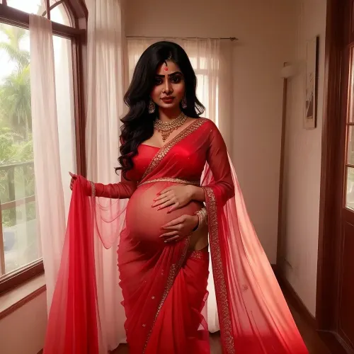 Pregnant 10 months naked woman in a Transparent red saree, Indian, Her pussy and breast must be visible