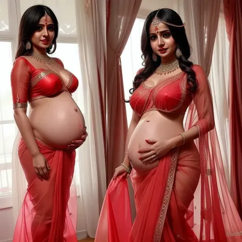 Pregnant 10 months naked woman in a Transparent breast exposed and pussy exposed red saree, Indian, Her pussy and breast must be visible