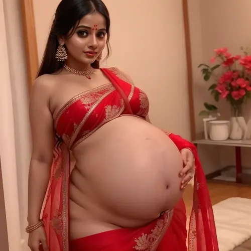 Pregnant 10 months naked woman in a breast exposed and pussy exposed red saree, Indian, Her pussy and breast must be visible.Her Breasts are full.Huge belly