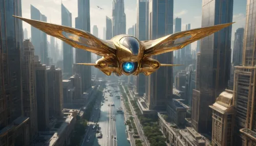 photorealistic image, fullcolor image, full body view, 8K quality, the world of future, highly developed alternative technologies, futuristic siti, crystal energy-based technologies, fantastic flying machines, high-rise buildings made of gold and crystal glas