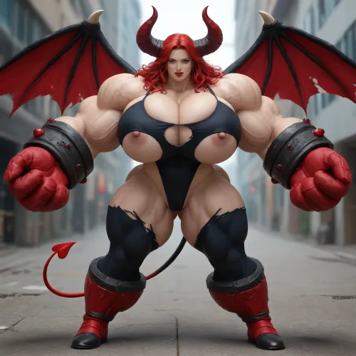 1girl, {{{{unbelievably mega gigantic colossal hypermuscles}}}}, {{{{unbelievably mega gigantic colossal hyperbreasts}}}}, {{{{unbelievably mega gigantic colossal hypernipples}}}}, {{{{unbelievably mega gigantic colossally swollen hyper-camel-toe}}}} DC Comic books, Superhero, Superheroine, standing in a high-tech, super science laboratory, unlimited magical growth and unrealistically distorted body part sizes, dark red skin, cascading extremely long curly dark crimson red hair, 10' tall, Tiefling Succubus amazon giantess with gigantic massive colossally muscular hyper-muscles with gigantic colossally muscular huge arm muscles, wearing a blue and white skintight ripped Superhero costume, porn star erotic model huge gigantic perky extremely round wide diameter hyper breasts boobs under the superhero costume, sexy female face, huge massive thick black spiral-shaped horns on her heard, a very short thick demon tail slightly curving behind her with a spade shaped tip at the end, pumped-up breasts, pumped-up muscles, huge massive colossal gigantic demon wings on her back reaching over halfway to the ground and rising above her head and flaring out to either side of her, gigantic sized muscular shoulders, extremely slim waist, unbelievably long and deep cleavage firmly pressed together, wide plush hips, gigantic bubble-butt, gigantic muscular girl, include extreme female hyper-muscle growth with supersized biceps and triceps and gigantic muscles bulging and ripping out of her top, extreme female hyper-breast growth to gigantic colossal perfectly round super-firm breasts firmly thrusting directly straight out from her chest, her breasts are so firm and rounded that they cover everything from base of her neck down to where they touch the middle of her thighs and stick out to beyond her arms, extremely long narrow deep cleavage, both breasts pressed firmly together, her of her costume, gigantic super-perky nipples tenting the fabric of the costume that covers them by thrusting upward from her breasts, gigantic arms, gigantic legs, extreme female muscle growth, each breast a thousand feet in diameter, each bicep and triceps five hundred feet in diameter, each breast's volume a thousand times her body mass, Biceps and Triceps volume a thousand times greater than body mass, Nipple volume greater than her body, colossal biceps, extreme breast growth, extreme nipple growth, extreme lactation, high volume lactation causing milk to gush from each nipple, massively swollen breasts, overfilled breasts, gigantic prominent noticeably swollen and bulging camel-toe with an extremely long massive slit, entire body volume greater than a thousand times more than a normal person, extremely noticeably prominent steroid muscle growth creating gigantic oversized slabs of muscles all over her body, gigantic prominent black areola bulging out from under each superhero costume covered nipple