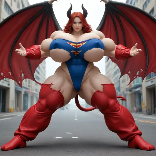 1girl, {{{{unbelievably mega gigantic colossal hypermuscles}}}}, {{{{unbelievably mega gigantic colossal hyperbreasts}}}}, {{{{unbelievably mega gigantic colossal hypernipples}}}}, {{{{unbelievably mega gigantic colossally swollen hyper-camel-toe}}}} DC Comic books, Superhero, Superheroine, standing in a high-tech, super science laboratory, unlimited magical growth and unrealistically distorted body part sizes, dark red skin, cascading extremely long curly dark crimson red hair, 10' tall, Tiefling Succubus amazon giantess with gigantic massive colossally muscular hyper-muscles with gigantic colossally muscular huge arm muscles, wearing a blue and white skintight ripped Superhero costume, porn star erotic model huge gigantic perky extremely round wide diameter hyper breasts boobs under the superhero costume, sexy female face, huge massive thick black spiral-shaped horns on her heard, a very short thick demon tail slightly curving behind her with a spade shaped tip at the end, pumped-up breasts, pumped-up muscles, huge massive colossal gigantic demon wings on her back reaching over halfway to the ground and rising above her head and flaring out to either side of her, gigantic sized muscular shoulders, extremely slim waist, unbelievably long and deep cleavage firmly pressed together, wide plush hips, gigantic bubble-butt, gigantic muscular girl, include extreme female hyper-muscle growth with supersized biceps and triceps and gigantic muscles bulging and ripping out of her top, extreme female hyper-breast growth to gigantic colossal perfectly round super-firm breasts firmly thrusting directly straight out from her chest, her breasts are so firm and rounded that they cover everything from base of her neck down to where they touch the middle of her thighs and stick out to beyond her arms, extremely long narrow deep cleavage, both breasts pressed firmly together, her of her costume, gigantic super-perky nipples tenting the fabric of the costume that covers them by thrusting upward from her breasts, gigantic arms, gigantic legs, extreme female muscle growth, each breast a thousand feet in diameter, each bicep and triceps five hundred feet in diameter, each breast's volume a thousand times her body mass, Biceps and Triceps volume a thousand times greater than body mass, Nipple volume greater than her body, colossal biceps, extreme breast growth, extreme nipple growth, extreme lactation, high volume lactation causing milk to gush from each nipple, massively swollen breasts, overfilled breasts, gigantic prominent noticeably swollen and bulging camel-toe with an extremely long massive slit, entire body volume greater than a thousand times more than a normal person, extremely noticeably prominent steroid muscle growth creating gigantic oversized slabs of muscles all over her body, gigantic prominent black areola bulging out from under each superhero costume covered nipple