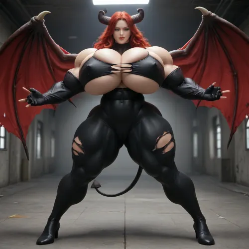 1girl, {{{{unbelievably mega gigantic colossal hypermuscles}}}}, {{{{unbelievably mega gigantic colossal hyperbreasts}}}}, {{{{unbelievably mega gigantic colossal hypernipples}}}}, {{{{unbelievably mega gigantic colossally swollen hyper-camel-toe}}}} DC Comic books, Superhero, Superheroine, standing in a high-tech, super science laboratory, unlimited magical growth and unrealistically distorted body part sizes, dark red skin, cascading extremely long curly dark crimson red hair, 10' tall, Tiefling Succubus amazon giantess with gigantic massive colossally muscular hyper-muscles with gigantic colossally muscular huge arm muscles, wearing a blue and white skintight ripped Superhero costume, porn star erotic model huge gigantic perky extremely round wide diameter hyper breasts boobs under the superhero costume, sexy female face, huge massive thick black spiral-shaped horns on her heard, a very short thick demon tail slightly curving behind her with a spade shaped tip at the end, pumped-up breasts, pumped-up muscles, huge massive colossal gigantic demon wings on her back reaching over halfway to the ground and rising above her head and flaring out to either side of her, gigantic sized muscular shoulders, extremely slim waist, unbelievably long and deep cleavage firmly pressed together, wide plush hips, gigantic bubble-butt, gigantic muscular girl, include extreme female hyper-muscle growth with supersized biceps and triceps and gigantic muscles bulging and ripping out of her top, extreme female hyper-breast growth to gigantic colossal perfectly round super-firm breasts firmly thrusting directly straight out from her chest, her breasts are so firm and rounded that they cover everything from base of her neck down to where they touch the middle of her thighs and stick out to beyond her arms, extremely long narrow deep cleavage, both breasts pressed firmly together, her of her costume, gigantic super-perky nipples tenting the fabric of the costume that covers them by thrusting upward from her breasts, gigantic arms, gigantic legs, extreme female muscle growth, each breast a thousand feet in diameter, each bicep and triceps five hundred feet in diameter, each breast's volume a thousand times her body mass, Biceps and Triceps volume a thousand times greater than body mass, Nipple volume greater than her body, colossal biceps, extreme breast growth, extreme nipple growth, extreme lactation, high volume lactation causing milk to gush from each nipple, massively swollen breasts, overfilled breasts, gigantic prominent noticeably swollen and bulging camel-toe with an extremely long massive slit, entire body volume greater than a thousand times more than a normal person, extremely noticeably prominent steroid muscle growth creating gigantic oversized slabs of muscles all over her body, gigantic prominent black areola bulging out from under each superhero costume covered nipple