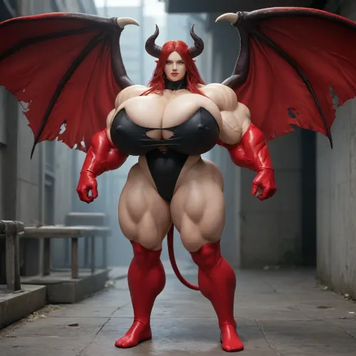1girl, {{{{unbelievably mega gigantic colossal hypermuscles}}}}, {{{{unbelievably mega gigantic colossal hyperbreasts}}}}, {{{{unbelievably mega gigantic colossal hypernipples}}}}, {{{{unbelievably mega gigantic colossally swollen hyper-camel-toe}}}} DC Comic books, Superhero, Superheroine, standing in a high-tech, super science laboratory, unlimited magical growth and unrealistically distorted body part sizes, dark red skin, cascading extremely long curly dark crimson red hair, 10' tall, Tiefling Succubus amazon giantess with gigantic massive colossally muscular hyper-muscles with gigantic colossally muscular huge arm muscles, wearing a blue and white skintight ripped Superhero costume, porn star erotic model huge gigantic perky extremely round wide diameter hyper breasts boobs under the superhero costume, sexy female face, huge massive thick black spiral-shaped horns on her heard, a very short thick demon tail slightly curving behind her with a spade shaped tip at the end, pumped-up breasts, pumped-up muscles, huge massive colossal gigantic demon wings on her back reaching over halfway to the ground and rising above her head and flaring out to either side of her, gigantic sized muscular shoulders, extremely slim waist, unbelievably long and deep cleavage firmly pressed together, wide plush hips, gigantic bubble-butt, gigantic muscular girl, include extreme female hyper-muscle growth with supersized biceps and triceps and gigantic muscles bulging and ripping out of her top, extreme female hyper-breast growth to gigantic colossal perfectly round super-firm breasts firmly thrusting directly straight out from her chest, her breasts are so firm and rounded that they cover everything from base of her neck down to where they touch the middle of her thighs and stick out to beyond her arms, extremely long narrow deep cleavage, both breasts pressed firmly together, her of her costume, gigantic super-perky nipples tenting the fabric of the costume that covers them by thrusting upward from her breasts, gigantic arms, gigantic legs, extreme female muscle growth, each breast a thousand feet in diameter, each bicep and triceps five hundred feet in diameter, each breast's volume a thousand times her body mass, Biceps and Triceps volume a thousand times greater than body mass, Nipple volume greater than her body, colossal biceps, extreme breast growth, extreme nipple growth, extreme lactation, high volume lactation causing milk to gush from each nipple, massively swollen breasts, overfilled breasts, gigantic prominent noticeably swollen and bulging camel-toe with an extremely long massive slit, entire body volume greater than a thousand times more than a normal person, extremely noticeably prominent steroid muscle growth creating gigantic oversized slabs of muscles all over her body, gigantic prominent black areola bulging out from under each superhero costume covered nipple