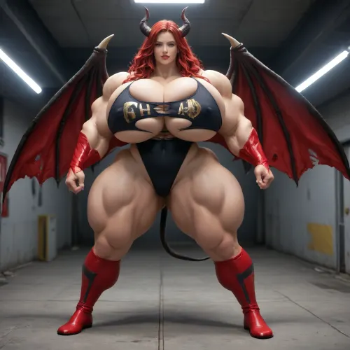 1girl, {{{{unbelievably mega gigantic colossal hypermuscles}}}}, {{{{unbelievably mega gigantic colossal hyperbreasts}}}}, {{{{unbelievably mega gigantic colossal hypernipples}}}}, {{{{unbelievably mega gigantic colossally swollen hyper-camel-toe}}}} DC Comic books, Superhero, Superheroine, standing in a high-tech, super science laboratory, unlimited magical growth and unrealistically distorted body part sizes, dark red skin, cascading extremely long curly dark crimson red hair, 10' tall, Tiefling Succubus amazon giantess with gigantic massive colossally muscular hyper-muscles with gigantic colossally muscular huge arm muscles, wearing a blue and white skintight ripped Superhero costume, porn star erotic model huge gigantic perky extremely round wide diameter hyper breasts boobs under the superhero costume, sexy female face, huge massive thick black spiral-shaped horns on her heard, a very short thick demon tail slightly curving behind her with a spade shaped tip at the end, pumped-up breasts, pumped-up muscles, huge massive colossal gigantic demon wings on her back reaching over halfway to the ground and rising above her head and flaring out to either side of her, gigantic sized muscular shoulders, extremely slim waist, unbelievably long and deep cleavage firmly pressed together, wide plush hips, gigantic bubble-butt, gigantic muscular girl, include extreme female hyper-muscle growth with supersized biceps and triceps and gigantic muscles bulging and ripping out of her top, extreme female hyper-breast growth to gigantic colossal perfectly round super-firm breasts firmly thrusting directly straight out from her chest, her breasts are so firm and rounded that they cover everything from base of her neck down to where they touch the middle of her thighs and stick out to beyond her arms, extremely long narrow deep cleavage, both breasts pressed firmly together, her of her costume, gigantic super-perky nipples tenting the fabric of the costume that covers them by thrusting upward from her breasts, gigantic arms, gigantic legs, extreme female muscle growth, each breast a thousand feet in diameter, each bicep and triceps five hundred feet in diameter, each breast's volume a thousand times her body mass, Biceps and Triceps volume a thousand times greater than body mass, Nipple volume greater than her body, colossal biceps, extreme breast growth, extreme nipple growth, extreme lactation, high volume lactation causing milk to gush from each nipple, massively swollen breasts, overfilled breasts, gigantic prominent noticeably swollen and bulging camel-toe with an extremely long massive slit, entire body volume greater than a thousand times more than a normal person, extremely noticeably prominent steroid muscle growth creating gigantic oversized slabs of muscles all over her body, gigantic prominent black areola bulging out from under each superhero costume covered nipple