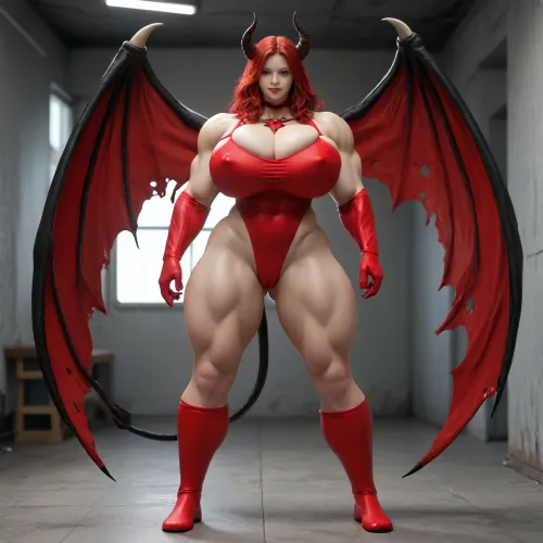 1girl, {{{{unbelievably mega gigantic colossal hypermuscles}}}}, {{{{unbelievably mega gigantic colossal hyperbreasts}}}}, {{{{unbelievably mega gigantic colossal hypernipples}}}}, {{{{unbelievably mega gigantic colossally swollen hyper-camel-toe}}}} DC Comic books, Superhero, Superheroine, standing in a high-tech, super science laboratory, unlimited magical growth and unrealistically distorted body part sizes, dark red skin, cascading extremely long curly dark crimson red hair, 10' tall, Tiefling Succubus amazon giantess with gigantic massive colossally muscular hyper-muscles with gigantic colossally muscular huge arm muscles, wearing a blue and white skintight ripped Superhero costume, porn star erotic model huge gigantic perky extremely round wide diameter hyper breasts boobs under the superhero costume, sexy female face, huge massive thick black spiral-shaped horns on her heard, a very short thick demon tail slightly curving behind her with a spade shaped tip at the end, pumped-up breasts, pumped-up muscles, huge massive colossal gigantic demon wings on her back reaching over halfway to the ground and rising above her head and flaring out to either side of her, gigantic sized muscular shoulders, extremely slim waist, unbelievably long and deep cleavage firmly pressed together, wide plush hips, gigantic bubble-butt, gigantic muscular girl, include extreme female hyper-muscle growth with supersized biceps and triceps and gigantic muscles bulging and ripping out of her top, extreme female hyper-breast growth to gigantic colossal perfectly round super-firm breasts firmly thrusting directly straight out from her chest, her breasts are so firm and rounded that they cover everything from base of her neck down to where they touch the middle of her thighs and stick out to beyond her arms, extremely long narrow deep cleavage, both breasts pressed firmly together, her of her costume, gigantic super-perky nipples tenting the fabric of the costume that covers them by thrusting upward from her breasts, gigantic arms, gigantic legs, extreme female muscle growth, each breast a thousand feet in diameter, each bicep and triceps five hundred feet in diameter, each breast's volume a thousand times her body mass, Biceps and Triceps volume a thousand times greater than body mass, Nipple volume greater than her body, colossal biceps, extreme breast growth, extreme nipple growth, extreme lactation, high volume lactation causing milk to gush from each nipple, massively swollen breasts, overfilled breasts, gigantic prominent noticeably swollen and bulging camel-toe with an extremely long massive slit, entire body volume greater than a thousand times more than a normal person, extremely noticeably prominent steroid muscle growth creating gigantic oversized slabs of muscles all over her body, gigantic prominent black areola bulging out from under each superhero costume covered nipple