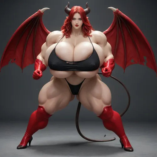 1girl, {{{{unbelievably mega gigantic colossal hypermuscles}}}}, {{{{unbelievably mega gigantic colossal hyperbreasts}}}}, {{{{unbelievably mega gigantic colossal hypernipples}}}}, {{{{unbelievably mega gigantic colossally swollen hyper-camel-toe}}}} DC Comic books, Superhero, Superheroine, standing in a high-tech, super science laboratory, unlimited magical growth and unrealistically distorted body part sizes, dark red skin, cascading extremely long curly dark crimson red hair, 10' tall, Tiefling Succubus amazon giantess with gigantic massive colossally muscular hyper-muscles with gigantic colossally muscular huge arm muscles, wearing a blue and white skintight ripped Superhero costume, porn star erotic model huge gigantic perky extremely round wide diameter hyper breasts boobs under the superhero costume, sexy female face, huge massive thick black spiral-shaped horns on her heard, a very short thick demon tail slightly curving behind her with a spade shaped tip at the end, pumped-up breasts, pumped-up muscles, huge massive colossal gigantic demon wings on her back reaching over halfway to the ground and rising above her head and flaring out to either side of her, gigantic sized muscular shoulders, extremely slim waist, unbelievably long and deep cleavage firmly pressed together, wide plush hips, gigantic bubble-butt, gigantic muscular girl, include extreme female hyper-muscle growth with supersized biceps and triceps and gigantic muscles bulging and ripping out of her top, extreme female hyper-breast growth to gigantic colossal perfectly round super-firm breasts firmly thrusting directly straight out from her chest, her breasts are so firm and rounded that they cover everything from base of her neck down to where they touch the middle of her thighs and stick out to beyond her arms, extremely long narrow deep cleavage, both breasts pressed firmly together, her of her costume, gigantic super-perky nipples tenting the fabric of the costume that covers them by thrusting upward from her breasts, gigantic arms, gigantic legs, extreme female muscle growth, each breast a thousand feet in diameter, each bicep and triceps five hundred feet in diameter, each breast's volume a thousand times her body mass, Biceps and Triceps volume a thousand times greater than body mass, Nipple volume greater than her body, colossal biceps, extreme breast growth, extreme nipple growth, extreme lactation, high volume lactation causing milk to gush from each nipple, massively swollen breasts, overfilled breasts, gigantic prominent noticeably swollen and bulging camel-toe with an extremely long massive slit, entire body volume greater than a thousand times more than a normal person, extremely noticeably prominent steroid muscle growth creating gigantic oversized slabs of muscles all over her body, gigantic prominent black areola bulging out from under each superhero costume covered nipple