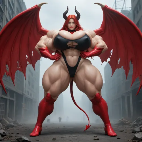 1girl, {{{{unbelievably mega gigantic colossal hypermuscles}}}}, {{{{unbelievably mega gigantic colossal hyperbreasts}}}}, {{{{unbelievably mega gigantic colossal hypernipples}}}}, {{{{unbelievably mega gigantic colossally swollen hyper-camel-toe}}}} DC Comic books, Superhero, Superheroine, standing in a high-tech, super science laboratory, unlimited magical growth and unrealistically distorted body part sizes, dark red skin, cascading extremely long curly dark crimson red hair, 10' tall, Tiefling Succubus amazon giantess with gigantic massive colossally muscular hyper-muscles with gigantic colossally muscular huge arm muscles, wearing a blue and white skintight ripped Superhero costume, porn star erotic model huge gigantic perky extremely round wide diameter hyper breasts boobs under the superhero costume, sexy female face, huge massive thick black spiral-shaped horns on her heard, a very short thick demon tail slightly curving behind her with a spade shaped tip at the end, pumped-up breasts, pumped-up muscles, huge massive colossal gigantic demon wings on her back reaching over halfway to the ground and rising above her head and flaring out to either side of her, gigantic sized muscular shoulders, extremely slim waist, unbelievably long and deep cleavage firmly pressed together, wide plush hips, gigantic bubble-butt, gigantic muscular girl, include extreme female hyper-muscle growth with supersized biceps and triceps and gigantic muscles bulging and ripping out of her top, extreme female hyper-breast growth to gigantic colossal perfectly round super-firm breasts firmly thrusting directly straight out from her chest, her breasts are so firm and rounded that they cover everything from base of her neck down to where they touch the middle of her thighs and stick out to beyond her arms, extremely long narrow deep cleavage, both breasts pressed firmly together, her of her costume, gigantic super-perky nipples tenting the fabric of the costume that covers them by thrusting upward from her breasts, gigantic arms, gigantic legs, extreme female muscle growth, each breast a thousand feet in diameter, each bicep and triceps five hundred feet in diameter, each breast's volume a thousand times her body mass, Biceps and Triceps volume a thousand times greater than body mass, Nipple volume greater than her body, colossal biceps, extreme breast growth, extreme nipple growth, extreme lactation, high volume lactation causing milk to gush from each nipple, massively swollen breasts, overfilled breasts, gigantic prominent noticeably swollen and bulging camel-toe with an extremely long massive slit, entire body volume greater than a thousand times more than a normal person, extremely noticeably prominent steroid muscle growth creating gigantic oversized slabs of muscles all over her body, gigantic prominent black areola bulging out from under each superhero costume covered nipple