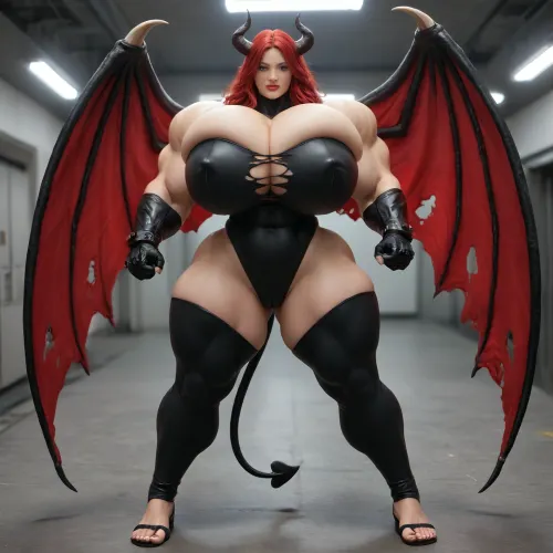 1girl, {{{{unbelievably mega gigantic colossal hypermuscles}}}}, {{{{unbelievably mega gigantic colossal hyperbreasts}}}}, {{{{unbelievably mega gigantic colossal hypernipples}}}}, {{{{unbelievably mega gigantic colossally swollen hyper-camel-toe}}}} DC Comic books, Superhero, Superheroine, standing in a high-tech, super science laboratory, unlimited magical growth and unrealistically distorted body part sizes, dark red skin, cascading extremely long curly dark crimson red hair, 10' tall, Tiefling Succubus amazon giantess with gigantic massive colossally muscular hyper-muscles with gigantic colossally muscular huge arm muscles, wearing a blue and white skintight ripped Superhero costume, porn star erotic model huge gigantic perky extremely round wide diameter hyper breasts boobs under the superhero costume, sexy female face, huge massive thick black spiral-shaped horns on her heard, a very short thick demon tail slightly curving behind her with a spade shaped tip at the end, pumped-up breasts, pumped-up muscles, huge massive colossal gigantic demon wings on her back reaching over halfway to the ground and rising above her head and flaring out to either side of her, gigantic sized muscular shoulders, extremely slim waist, unbelievably long and deep cleavage firmly pressed together, wide plush hips, gigantic bubble-butt, gigantic muscular girl, include extreme female hyper-muscle growth with supersized biceps and triceps and gigantic muscles bulging and ripping out of her top, extreme female hyper-breast growth to gigantic colossal perfectly round super-firm breasts firmly thrusting directly straight out from her chest, her breasts are so firm and rounded that they cover everything from base of her neck down to where they touch the middle of her thighs and stick out to beyond her arms, extremely long narrow deep cleavage, both breasts pressed firmly together, her of her costume, gigantic super-perky nipples tenting the fabric of the costume that covers them by thrusting upward from her breasts, gigantic arms, gigantic legs, extreme female muscle growth, each breast a thousand feet in diameter, each bicep and triceps five hundred feet in diameter, each breast's volume a thousand times her body mass, Biceps and Triceps volume a thousand times greater than body mass, Nipple volume greater than her body, colossal biceps, extreme breast growth, extreme nipple growth, extreme lactation, high volume lactation causing milk to gush from each nipple, massively swollen breasts, overfilled breasts, gigantic prominent noticeably swollen and bulging camel-toe with an extremely long massive slit, entire body volume greater than a thousand times more than a normal person, extremely noticeably prominent steroid muscle growth creating gigantic oversized slabs of muscles all over her body, gigantic prominent black areola bulging out from under each superhero costume covered nipple