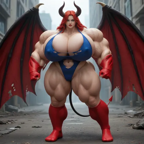 1girl, {{{{unbelievably mega gigantic colossal hypermuscles}}}}, {{{{unbelievably mega gigantic colossal hyperbreasts}}}}, {{{{unbelievably mega gigantic colossal hypernipples}}}}, {{{{unbelievably mega gigantic colossally swollen hyper-camel-toe}}}} DC Comic books, Superhero, Superheroine, standing in a high-tech, super science laboratory, unlimited magical growth and unrealistically distorted body part sizes, dark red skin, cascading extremely long curly dark crimson red hair, 10' tall, Tiefling Succubus amazon giantess with gigantic massive colossally muscular hyper-muscles with gigantic colossally muscular huge arm muscles, wearing a blue and white skintight ripped Superhero costume, porn star erotic model huge gigantic perky extremely round wide diameter hyper breasts boobs under the superhero costume, sexy female face, huge massive thick black spiral-shaped horns on her heard, a very short thick demon tail slightly curving behind her with a spade shaped tip at the end, pumped-up breasts, pumped-up muscles, huge massive colossal gigantic demon wings on her back reaching over halfway to the ground and rising above her head and flaring out to either side of her, gigantic sized muscular shoulders, extremely slim waist, unbelievably long and deep cleavage firmly pressed together, wide plush hips, gigantic bubble-butt, gigantic muscular girl, include extreme female hyper-muscle growth with supersized biceps and triceps and gigantic muscles bulging and ripping out of her top, extreme female hyper-breast growth to gigantic colossal perfectly round super-firm breasts firmly thrusting directly straight out from her chest, her breasts are so firm and rounded that they cover everything from base of her neck down to where they touch the middle of her thighs and stick out to beyond her arms, extremely long narrow deep cleavage, both breasts pressed firmly together, her of her costume, gigantic super-perky nipples tenting the fabric of the costume that covers them by thrusting upward from her breasts, gigantic arms, gigantic legs, extreme female muscle growth, each breast a thousand feet in diameter, each bicep and triceps five hundred feet in diameter, each breast's volume a thousand times her body mass, Biceps and Triceps volume a thousand times greater than body mass, Nipple volume greater than her body, colossal biceps, extreme breast growth, extreme nipple growth, extreme lactation, high volume lactation causing milk to gush from each nipple, massively swollen breasts, overfilled breasts, gigantic prominent noticeably swollen and bulging camel-toe with an extremely long massive slit, entire body volume greater than a thousand times more than a normal person, extremely noticeably prominent steroid muscle growth creating gigantic oversized slabs of muscles all over her body, gigantic prominent black areola bulging out from under each superhero costume covered nipple