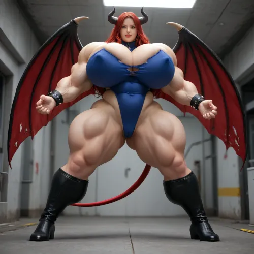 1girl, {{{{unbelievably mega gigantic colossal hypermuscles}}}}, {{{{unbelievably mega gigantic colossal hyperbreasts}}}}, {{{{unbelievably mega gigantic colossal hypernipples}}}}, {{{{unbelievably mega gigantic colossally swollen hyper-camel-toe}}}} DC Comic books, Superhero, Superheroine, standing in a high-tech, super science laboratory, unlimited magical growth and unrealistically distorted body part sizes, dark red skin, cascading extremely long curly dark crimson red hair, 10' tall, Tiefling Succubus amazon giantess with gigantic massive colossally muscular hyper-muscles with gigantic colossally muscular huge arm muscles, wearing a blue and white skintight ripped Superhero costume, porn star erotic model huge gigantic perky extremely round wide diameter hyper breasts boobs under the superhero costume, sexy female face, huge massive thick black spiral-shaped horns on her heard, a very short thick demon tail slightly curving behind her with a spade shaped tip at the end, pumped-up breasts, pumped-up muscles, huge massive colossal gigantic demon wings on her back reaching over halfway to the ground and rising above her head and flaring out to either side of her, gigantic sized muscular shoulders, extremely slim waist, unbelievably long and deep cleavage firmly pressed together, wide plush hips, gigantic bubble-butt, gigantic muscular girl, include extreme female hyper-muscle growth with supersized biceps and triceps and gigantic muscles bulging and ripping out of her top, extreme female hyper-breast growth to gigantic colossal perfectly round super-firm breasts firmly thrusting directly straight out from her chest, her breasts are so firm and rounded that they cover everything from base of her neck down to where they touch the middle of her thighs and stick out to beyond her arms, extremely long narrow deep cleavage, both breasts pressed firmly together, her of her costume, gigantic super-perky nipples tenting the fabric of the costume that covers them by thrusting upward from her breasts, gigantic arms, gigantic legs, extreme female muscle growth, each breast a thousand feet in diameter, each bicep and triceps five hundred feet in diameter, each breast's volume a thousand times her body mass, Biceps and Triceps volume a thousand times greater than body mass, Nipple volume greater than her body, colossal biceps, extreme breast growth, extreme nipple growth, extreme lactation, high volume lactation causing milk to gush from each nipple, massively swollen breasts, overfilled breasts, gigantic prominent noticeably swollen and bulging camel-toe with an extremely long massive slit, entire body volume greater than a thousand times more than a normal person, extremely noticeably prominent steroid muscle growth creating gigantic oversized slabs of muscles all over her body, gigantic prominent black areola bulging out from under each superhero costume covered nipple