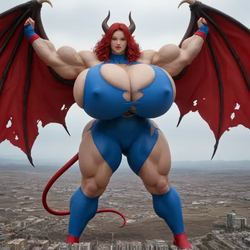 1girl, {{{{, (hypermuscles), }}}}, (hyperbreasts), (hypernipples), (hyper-camel-toe), (DC Comic books), Superhero, Superheroine, (standing in a high-tech, super science laboratory), (unlimited magical growth and unrealistically distorted body part sizes), (dark red skin), (cascading extremely long curly dark crimson red hair), 10' tall, (Tiefling Succubus amazon giantess with gigantic massive colossally muscular hyper-muscles with gigantic colossally muscular huge arm muscles), (wearing a blue and white skintight ripped Superhero costume), porn star erotic model huge gigantic perky extremely round wide diameter hyper breasts boobs under the superhero costume, sexy female face, (huge massive thick black spiral-shaped horns on her head), (a very short thick demon tail slightly curving behind her with a spade shaped tip at the end), pumped-up breasts, pumped-up muscles, (huge massive colossal gigantic demon wings on her back reaching over halfway to the ground and rising above her head and flaring out to either side of her), (gigantic sized muscular shoulders), extremely slim waist, (unbelievably long and deep cleavage firmly pressed together), wide plush hips, gigantic bubble-butt, gigantic muscular girl, (include extreme female hyper-muscle growth with supersized biceps and triceps and gigantic muscles bulging and ripping out of her top), (extreme female hyper-breast growth to gigantic colossal perfectly round super-firm breasts firmly thrusting directly straight out from her chest), (her breasts are so firm and rounded that they cover everything from base of her neck down to where they touch the middle of her thighs and stick out to beyond her arms), (extremely long narrow deep cleavage), (both breasts pressed firmly together), (gigantic super-perky nipples tenting the fabric of the costume that covers them by thrusting upward from her breasts), gigantic arms, gigantic legs, (extreme female muscle growth), (each breast 10 feet in diameter), (each bicep and triceps ten feet in diameter), (each breast's volume double the volume of a "yoga-exercise-ball", Biceps and Triceps volume double the volume of a "beach-ball", Nipple volume double the volume of a "litter-soda-bottle"), colossal biceps, extreme breast growth, extreme nipple growth, extreme lactation, (high volume lactation causing milk to gush from each nipple), massively swollen breasts, overfilled breasts, (gigantic prominent noticeably swollen and bulging camel-toe with an extremely long massive slit), (extremely noticeably prominent steroid muscle growth creating gigantic oversized slabs of muscles all over her body), (gigantic prominent black areola bulging out from under each superhero costume covered nipple)