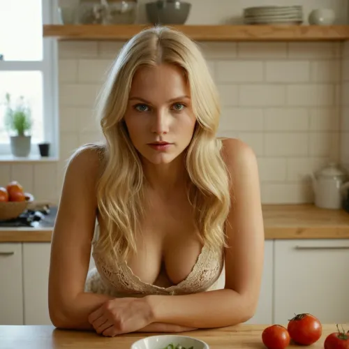 Food is cooking in the kitchen. Sexy Scandinavian, long blonde haired woman is waiting to be fucked in missionary position on the kitchen counter