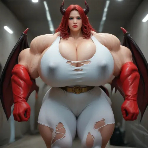 1girl, {{{{, (hypermuscles), }}}}, (hyperbreasts), (hypernipples), (hyper-camel-toe), (DC Comic books), Superhero, Superheroine, (standing in a high-tech, super science laboratory), (unlimited magical growth and unrealistically distorted body part sizes), (dark red skin), (cascading extremely long curly dark crimson red hair), 10' tall, (Tiefling Succubus amazon with gigantic massive colossally muscular hyper-muscles with gigantic colossally muscular huge arm muscles), (wearing a blue and white skintight ripped Superhero costume), porn star erotic model huge gigantic perky extremely round wide diameter hyper breasts boobs under the superhero costume, sexy female face, (huge massive thick black spiral-shaped horns on her head), (a very short thick demon tail slightly curving behind her with a spade shaped tip at the end), pumped-up breasts, pumped-up muscles, (huge massive colossal gigantic demon wings on her back reaching over halfway to the ground and rising above her head and flaring out to either side of her), (gigantic sized muscular shoulders), extremely slim waist, (unbelievably long and deep cleavage firmly pressed together), wide plush hips, gigantic bubble-butt, gigantic muscular girl, (include extreme female hyper-muscle growth with supersized biceps and triceps and gigantic muscles bulging and ripping out of her top), (extreme female hyper-breast growth to gigantic colossal perfectly round super-firm breasts firmly thrusting directly straight out from her chest), (her breasts are so firm and rounded that they cover everything from base of her neck down to where they touch the middle of her thighs and stick out to beyond her arms), (extremely long narrow deep cleavage), (both breasts pressed firmly together), (gigantic super-perky nipples tenting the fabric of the costume that covers them by thrusting upward from her breasts), gigantic arms, gigantic legs, (extreme female muscle growth), (each breast 10 feet in diameter), (each bicep and triceps ten feet in diameter), (each breast's volume double the volume of a "yoga-exercise-ball", Biceps and Triceps volume double the volume of a "beach-ball", Nipple volume double the volume of a "litter-soda-bottle"), colossal biceps, extreme breast growth, extreme nipple growth, extreme lactation, (high volume lactation causing milk to gush from each nipple), massively swollen breasts, overfilled breasts, (gigantic prominent noticeably swollen and bulging camel-toe with an extremely long massive slit), (extremely noticeably prominent steroid muscle growth creating gigantic oversized slabs of muscles all over her body), (gigantic prominent black areola bulging out from under each superhero costume covered nipple)