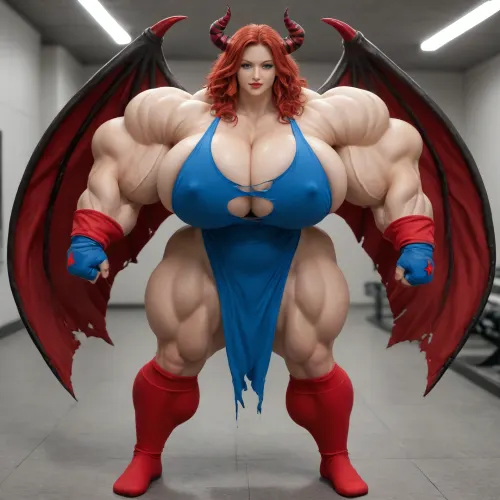 1girl, {{{{, (hypermuscles), }}}}, (hyperbreasts), (hypernipples), (hyper-camel-toe), (DC Comic books), Superhero, Superheroine, (standing in a high-tech, super science laboratory), (unlimited magical growth and unrealistically distorted body part sizes), (dark red skin), (cascading extremely long curly dark crimson red hair), 10' tall, (Tiefling Succubus amazon mini-GTS with gigantic massive colossally muscular hyper-muscles with gigantic colossally muscular huge arm muscles), (wearing a blue and white skintight ripped Superhero costume), porn star erotic model huge gigantic perky extremely round wide diameter hyper breasts boobs under the superhero costume, sexy female face, (huge massive thick black spiral-shaped horns on her head), (a very short thick demon tail slightly curving behind her with a spade shaped tip at the end), pumped-up breasts, pumped-up muscles, (huge massive colossal gigantic demon wings on her back reaching over halfway to the ground and rising above her head and flaring out to either side of her), (gigantic sized muscular shoulders), extremely slim waist, (unbelievably long and deep cleavage firmly pressed together), wide plush hips, gigantic bubble-butt, gigantic muscular girl, (include extreme female hyper-muscle growth with supersized biceps and triceps and gigantic muscles bulging and ripping out of her top), (extreme female hyper-breast growth to gigantic colossal perfectly round super-firm breasts firmly thrusting directly straight out from her chest), (her breasts are so firm and rounded that they cover everything from base of her neck down to where they touch the middle of her thighs and stick out to beyond her arms), (extremely long narrow deep cleavage), (both breasts pressed firmly together), (gigantic super-perky nipples tenting the fabric of the costume that covers them by thrusting upward from her breasts), gigantic arms, gigantic legs, (extreme female muscle growth), (each breast 10 feet in diameter), (each bicep and triceps ten feet in diameter), (each breast's volume double the volume of a "yoga-exercise-ball", Biceps and Triceps volume double the volume of a "beach-ball", Nipple volume double the volume of a "litter-soda-bottle"), colossal biceps, extreme breast growth, extreme nipple growth, extreme lactation, (high volume lactation causing milk to gush from each nipple), massively swollen breasts, overfilled breasts, (gigantic prominent noticeably swollen and bulging camel-toe with an extremely long massive slit), (extremely noticeably prominent steroid muscle growth creating gigantic oversized slabs of muscles all over her body), (gigantic prominent black areola bulging out from under each superhero costume covered nipple)