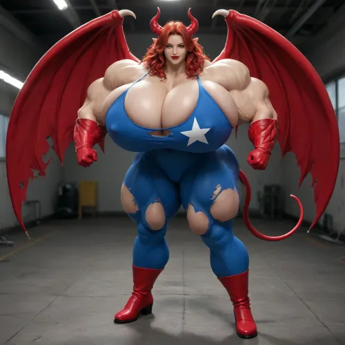 1girl, {{{{, (hypermuscles), }}}}, (hyperbreasts), (hypernipples), (hyper-camel-toe), (DC Comic books), Superhero, Superheroine, (standing in a high-tech, super science laboratory), (unlimited magical growth and unrealistically distorted body part sizes), (dark red skin), (cascading extremely long curly dark crimson red hair), 10' tall, (Tiefling Succubus amazon mini-GTS with gigantic massive colossally muscular hyper-muscles with gigantic colossally muscular huge arm muscles), (wearing a blue and white skintight ripped Superhero costume), porn star erotic model huge gigantic perky extremely round wide diameter hyper breasts boobs under the superhero costume, sexy female face, (huge massive thick black spiral-shaped horns on her head), (a very short thick demon tail slightly curving behind her with a spade shaped tip at the end), pumped-up breasts, pumped-up muscles, (huge massive colossal gigantic demon wings on her back reaching over halfway to the ground and rising above her head and flaring out to either side of her), (gigantic sized muscular shoulders), extremely slim waist, (unbelievably long and deep cleavage firmly pressed together), wide plush hips, gigantic bubble-butt, gigantic muscular girl, (include extreme female hyper-muscle growth with supersized biceps and triceps and gigantic muscles bulging and ripping out of her top), (extreme female hyper-breast growth to gigantic colossal perfectly round super-firm breasts firmly thrusting directly straight out from her chest), (her breasts are so firm and rounded that they cover everything from base of her neck down to where they touch the middle of her thighs and stick out to beyond her arms), (extremely long narrow deep cleavage), (both breasts pressed firmly together), (gigantic super-perky nipples tenting the fabric of the costume that covers them by thrusting upward from her breasts), gigantic arms, gigantic legs, (extreme female muscle growth), (each breast 10 feet in diameter), (each bicep and triceps ten feet in diameter), (each breast's volume double the volume of a "yoga-exercise-ball", Biceps and Triceps volume double the volume of a "beach-ball", Nipple volume double the volume of a "litter-soda-bottle"), colossal biceps, extreme breast growth, extreme nipple growth, extreme lactation, (high volume lactation causing milk to gush from each nipple), massively swollen breasts, overfilled breasts, (gigantic prominent noticeably swollen and bulging camel-toe with an extremely long massive slit), (extremely noticeably prominent steroid muscle growth creating gigantic oversized slabs of muscles all over her body), (gigantic prominent black areola bulging out from under each superhero costume covered nipple)