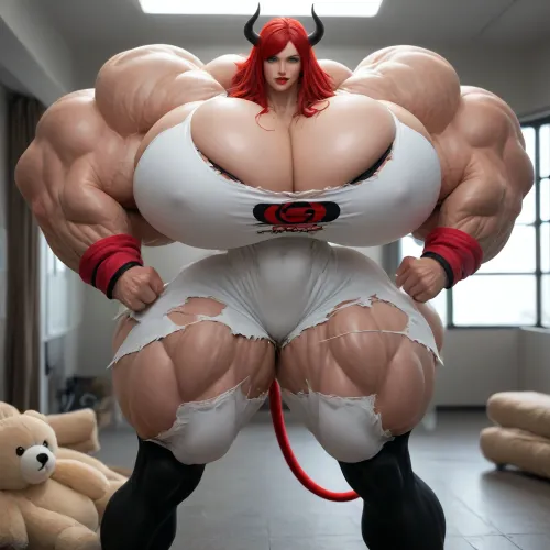 1girl, realistic, {{{{, (hypermuscles), }}}}, (hyperbreasts), (hypernipples), (hyper-camel-toe), (DC Comic books), Superhero, Superheroine, (standing in a high-tech science fiction street), (unlimited magical growth and unrealistically distorted body part sizes), (dark red skin), (cascading extremely long curly dark crimson red hair), 10' tall, (Tiefling Succubus amazon mini-GTS with gigantic massive colossally muscular hyper-muscles with gigantic colossally muscular huge arm muscles), (wearing a blue, white and pink skintight Superhero costume), (porn star erotic model huge gigantic perky extremely round wide diameter hyper breasts boobs under the superhero costume), (sexy female face), (huge massive thick black spiral-shaped horns on her head), (a very short thick demon tail slightly curving behind her with a spade shaped tip at the end), (pumped-up breasts), (pumped-up muscles), (huge massive colossal gigantic demon wings on her back reaching over halfway to the ground and rising above her head and flaring out to either side of her), (gigantic sized muscular shoulders), (extremely slim waist), (unbelievably long and deep cleavage firmly pressed together), (wide plush hips), (gigantic bubble-butt), (gigantic muscular girl), (include extreme female hyper-muscle growth with supersized biceps and triceps and gigantic muscles bulging and ripping out of her top), (extreme female hyper-breast growth to gigantic colossal perfectly round super-firm breasts firmly thrusting directly straight out from her chest), (her breasts are so firm and rounded that they cover everything from base of her neck down to where they touch the middle of her thighs and stick out to beyond her arms), (extremely long narrow deep cleavage), (both breasts pressed firmly together), (gigantic super-perky nipples tenting the fabric of the costume that covers them by thrusting upward from her breasts), gigantic arms, gigantic legs, (extreme female muscle growth), (each breast's volume is equal twice to the volume of a "yoga-exercise-ball"), Biceps and Triceps volume is equal to twice the volume of a "beach-ball", (Nipple volume is equal to twice the volume of a "litter-soda-bottle"), (Camel-toe volume is equal to twice the volume of a "watermelon"), colossal biceps, (extreme breast growth), (extreme nipple growth), (massively swollen breasts), overfilled breasts, (gigantic prominent noticeably swollen and bulging camel-toe with an extremely long massive slit), (extremely noticeably prominent steroid muscle growth creating gigantic oversized slabs of muscles all over her body), (gigantic prominent black areola bulging out from under each superhero costume covered nipple)