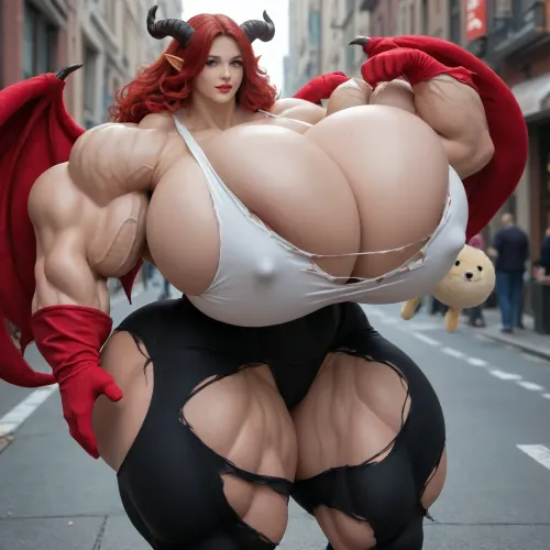 1girl, realistic, {{{{, (hypermuscles), }}}}, (hyperbreasts), (hypernipples), (hyper-camel-toe), (DC Comic books), Superhero, Superheroine, (standing outside in a street that has high-tech science fiction buildings with neon lights), (unlimited magical growth and unrealistically distorted body part sizes), (dark red skin), (cascading extremely long curly dark crimson red hair), 10' tall, (Tiefling Succubus amazon mini-GTS with gigantic massive colossally muscular hyper-muscles with gigantic colossally muscular huge arm muscles), (wearing a light-blue, light-pink and white skintight sexy Superhero costume), (porn star erotic model huge gigantic perky extremely round wide diameter hyper breasts boobs under the superhero costume), (sexy female face), (huge massive thick black spiral-shaped horns on her head), (a very short thick demon tail slightly curving behind her with a spade shaped tip at the end), (pumped-up breasts), (pumped-up muscles), (huge massive colossal gigantic demon wings on her back reaching over halfway to the ground and rising above her head and flaring out to either side of her), (gigantic sized muscular shoulders), (extremely slim waist), (unbelievably long and deep cleavage firmly pressed together), (wide plush hips), (gigantic bubble-butt), (gigantic muscular girl), (include extreme female hyper-muscle growth with supersized biceps and triceps and gigantic muscles bulging and ripping out of her top), (extreme female hyper-breast growth to gigantic colossal perfectly round super-firm breasts firmly thrusting directly straight out from her chest), (her breasts are so firm and rounded that they cover everything from base of her neck down to where they touch the middle of her thighs and stick out to beyond her arms), (extremely long narrow deep cleavage), (both breasts pressed firmly together), (gigantic super-perky nipples tenting the fabric of the costume that covers them by thrusting upward from her breasts), gigantic arms, gigantic legs, (extreme female muscle growth), (each breast's volume is equal twice to the volume of a "yoga-exercise-ball"), Biceps and Triceps volume is equal to twice the volume of a "beach-ball", (Nipple volume is equal to twice the volume of a "litter-soda-bottle"), (Camel-toe volume is equal to twice the volume of a "watermelon"), colossal biceps, (extreme breast growth), (extreme nipple growth), (massively swollen breasts), overfilled breasts, (gigantic prominent noticeably swollen and bulging camel-toe with an extremely long massive slit), (extremely noticeably prominent steroid muscle growth creating gigantic oversized slabs of muscles all over her body), (gigantic prominent black areola bulging out from under each superhero costume covered nipple)
