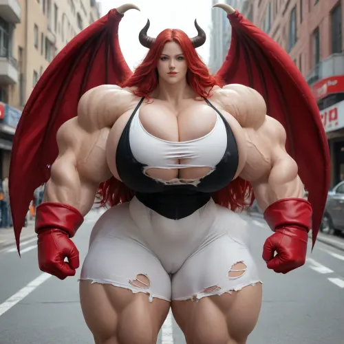 1girl, realistic, {{{{, (hypermuscles), }}}}, (hyperbreasts), (hypernipples), (hyper-camel-toe), (DC Comic books), Superhero, Superheroine, (standing outside in a street that has high-tech science fiction buildings with neon lights), (unlimited magical growth and unrealistically distorted body part sizes), (dark red skin), (cascading extremely long curly dark crimson red hair), 10' tall, (Tiefling Succubus amazon mini-GTS with gigantic massive colossally muscular hyper-muscles with gigantic colossally muscular huge arm muscles), (wearing a light-blue, light-pink and white skintight sexy Superhero costume), (porn star erotic model huge gigantic perky extremely round wide diameter hyper breasts boobs under the superhero costume), (sexy female face), (huge massive thick black spiral-shaped horns on her head), (a very short thick demon tail slightly curving behind her with a spade shaped tip at the end), (pumped-up breasts), (pumped-up muscles), (huge massive colossal gigantic demon wings on her back reaching over halfway to the ground and rising above her head and flaring out to either side of her), (gigantic sized muscular shoulders), (extremely slim waist), (unbelievably long and deep cleavage firmly pressed together), (wide plush hips), (gigantic bubble-butt), (gigantic muscular girl), (include extreme female hyper-muscle growth with supersized biceps and triceps and gigantic muscles bulging and ripping out of her top), (extreme female hyper-breast growth to gigantic colossal perfectly round super-firm breasts firmly thrusting directly straight out from her chest), (her breasts are so firm and rounded that they cover everything from base of her neck down to where they touch the middle of her thighs and stick out to beyond her arms), (extremely long narrow deep cleavage), (both breasts pressed firmly together), (gigantic super-perky nipples tenting the fabric of the costume that covers them by thrusting upward from her breasts), gigantic arms, gigantic legs, (extreme female muscle growth), (each breast's volume is equal twice to the volume of a "yoga-exercise-ball"), Biceps and Triceps volume is equal to twice the volume of a "beach-ball", (Nipple volume is equal to twice the volume of a "litter-soda-bottle"), (Camel-toe volume is equal to twice the volume of a "watermelon"), colossal biceps, (extreme breast growth), (extreme nipple growth), (massively swollen breasts), overfilled breasts, (gigantic prominent noticeably swollen and bulging camel-toe with an extremely long massive slit), (extremely noticeably prominent steroid muscle growth creating gigantic oversized slabs of muscles all over her body), (gigantic prominent black areola bulging out from under each superhero costume covered nipple)