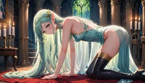 high res, masterpeice, watercolour effect, princess, elf, long hair, (very skinny), (tall), silk dress, candle lit room, castle, thigh high boots, an all fours, side on view, close up