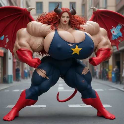 1girl, ultra-realistic, {{{{, (hypermuscles), }}}}, (hyperbreasts), (hypernipples), (hyper-camel-toe), (DC Comic books), Superhero, Superheroine, (standing outside in a nighttime street that has high-tech science fiction buildings with neon lights), (unlimited magical growth and unrealistically distorted body part sizes), (dark red skin), (cascading massive mane of extremely long curly dark crimson red hair), (ten feet tall), (Tiefling Succubus amazon mini-GTS with gigantic massive colossally muscular hyper-muscles with gigantic colossally muscular huge arm muscles), (wearing a red, orange, yellow, green, blue, and violet colored skintight sexy Superhero costume), (porn star erotic model huge gigantic perky extremely round wide diameter hyper breasts boobs under the superhero costume), (sexy female face), (huge massive thick black spiral-shaped horns on her head), (a very short thick demon tail slightly curving behind her with a spade shaped tip at the end), (pumped-up breasts), (pumped-up muscles), (huge massive colossal gigantic demon wings on her back reaching over halfway to the ground and rising above her head and flaring out to either side of her), (gigantic sized muscular shoulders), (extremely slim waist), (unbelievably long and deep cleavage firmly pressed together), (wide plush hips), (gigantic bubble-butt), (gigantic muscular girl), (include extreme female hyper-muscle growth with supersized biceps and triceps and gigantic muscles bulging and ripping out of her top), (extreme female hyper-breast growth to gigantic colossal perfectly round super-firm breasts firmly thrusting directly straight out from her chest), (her breasts are so firm and rounded that they cover everything from base of her neck down to where they touch the middle of her thighs and stick out to beyond her arms), (extremely long narrow deep cleavage), (both breasts pressed firmly together), (gigantic super-perky nipples tenting the fabric of the costume that covers them by thrusting upward from her breasts), gigantic arms, gigantic legs, (extreme female muscle growth), (each breast's volume is equal twice to the volume of a "yoga-exercise-ball"), Biceps and Triceps volume is equal to twice the volume of a "beach-ball", (Nipple volume is equal to twice the volume of a "litter-soda-bottle"), (Camel-toe volume is equal to twice the volume of a "watermelon"), colossal biceps, (extreme breast growth), (extreme nipple growth), (massively swollen breasts), overfilled breasts, (gigantic prominent noticeably swollen and bulging camel-toe with an extremely long massive slit), (extremely noticeably prominent steroid muscle growth creating gigantic oversized slabs of muscles all over her body), (gigantic prominent black areola bulging out from under each superhero costume covered nipple)