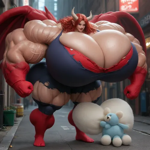 1girl, ultrarealistic, {{{{, (hypermuscles), }}}}, (hyperbreasts), (hypernipples), (DC Comic books), Superhero, Superheroine, (standing outside in a nighttime high-tech science fiction street with neon lights), (unlimited magical growth and unrealistically distorted body part sizes), (dark red skin), (cascading extremely massive mane of long curly dark crimson red hair), (twelve feet tall), (Tiefling Succubus amazon mini-GTS with gigantic massive colossally muscular hyper-muscles with gigantic colossally muscular huge arm muscles), (wearing a red, orange, yellow, green, blue, and violet "Rainbow" striped skintight sexy Superhero costume), (porn star erotic model huge gigantic perky extremely round wide diameter hyper breasts boobs under the superhero costume), (sexy female face), (huge massive thick black spiral-shaped horns on her head), (a very short thick demon tail slightly curving behind her with a spade shaped tip at the end), (pumped-up breasts), (pumped-up muscles), (huge massive colossal gigantic demon wings on her back reaching over halfway to the ground and rising above her head and flaring out to either side of her), (gigantic sized muscular shoulders), (extremely slim waist), (unbelievably long and deep cleavage firmly pressed together), (wide plush hips), (gigantic bubble-butt), (gigantic muscular girl), (include extreme female hyper-muscle growth with supersized biceps and triceps and gigantic muscles bulging and ripping out of her top), (extreme female hyper-breast growth to gigantic colossal perfectly round super-firm breasts firmly thrusting directly straight out from her chest), (her breasts are so firm and rounded that they cover everything from base of her neck down to where they touch the middle of her thighs and stick out to beyond her arms), (extremely long narrow deep cleavage), (both breasts pressed firmly together), (gigantic super-perky nipples tenting the fabric of the costume that covers them by thrusting upward from her breasts), gigantic arms, gigantic legs, (extreme female muscle growth), (each breast's volume is equal twice to the volume of a "yoga-exercise-ball"), Biceps and Triceps volume is equal to twice the volume of a "beach-ball", (Nipple volume is equal to twice the volume of a "litter-soda-bottle"), (Camel-toe volume is equal to twice the volume of a "watermelon"), colossal biceps, (extreme breast growth), (extreme nipple growth), (massively swollen breasts), overfilled breasts, (gigantic prominent noticeably swollen and bulging camel-toe with an extremely long massive slit), (extremely noticeably prominent steroid muscle growth creating gigantic oversized slabs of muscles all over her body), (gigantic prominent black areola bulging out from under each superhero costume covered nipple)