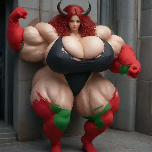 1girl, ultrarealistic, {{{{, (hypermuscles), }}}}, (hyperbreasts), (hypernipples), (DC Comic books), Superhero, Superheroine, (standing outside in a nighttime high-tech science fiction street with neon lights), (unlimited magical growth and unrealistically distorted body part sizes), (dark red skin), (cascading massive mane of long curly dark crimson red hair), (twelve feet tall), (Tiefling Succubus amazon mini-GTS with gigantic massive colossally muscular hyper-muscles with gigantic colossally muscular huge arm muscles), (wearing a red, orange, yellow, green, bright blue, and violet striped skintight sexy Superhero costume), (porn star erotic model huge gigantic perky extremely round wide diameter hyper breasts boobs under the superhero costume), (sexy female face), (huge massive thick black spiral-shaped horns on her head), (a very short thick demon tail slightly curving behind her with a spade shaped tip at the end), (pumped-up breasts), (pumped-up muscles), (huge massive colossal gigantic demon wings on her back reaching over halfway to the ground and rising above her head and flaring out to either side of her), (gigantic sized muscular shoulders), (extremely slim waist), (unbelievably long and deep cleavage firmly pressed together), (wide plush hips), (gigantic bubble-butt), (gigantic muscular girl), (include extreme female hyper-muscle growth with supersized biceps and triceps and gigantic muscles bulging and ripping out of her top), (extreme female hyper-breast growth to gigantic colossal perfectly round super-firm breasts firmly thrusting directly straight out from her chest), (her breasts are so firm and rounded that they cover everything from base of her neck down to where they touch the middle of her thighs and stick out to beyond her arms), (extremely long narrow deep cleavage), (both breasts pressed firmly together), (gigantic super-perky nipples tenting the fabric of the costume that covers them by thrusting upward from her breasts), gigantic arms, gigantic legs, (extreme female muscle growth), (each breast's volume is equal twice to the volume of a "yoga-exercise-ball"), Biceps and Triceps volume is equal to twice the volume of a "beach-ball", (Nipple volume is equal to twice the volume of a "litter-soda-bottle"), (Camel-toe volume is equal to twice the volume of a "watermelon"), colossal biceps, (extreme breast growth), (extreme nipple growth), (massively swollen breasts), overfilled breasts, (gigantic prominent noticeably swollen and bulging camel-toe with an extremely long massive slit), (extremely noticeably prominent steroid muscle growth creating gigantic oversized slabs of muscles all over her body), (gigantic prominent black areola bulging out from under each superhero costume covered nipple)
