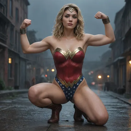 Wonder woman, justice League, strong, slender fit body, muscular, making a fist, blonde hair, in front of a collapsed building, war zone, rainy night, golden rope, muscular shoulders and arms, on one knee flexing