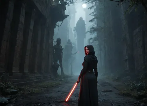 STar Wars, UHD 8K, extreme realism, maximum detail, Busty 18 year old redhead girl, slim figure, tight butt, wavy intense dark-red hair, sexy butt, detailed skin, real lighting, the girl is In the jungle at night. The battles between the Jedi and the Sith take place in the background., she is a Sith, wearing a dark, tight robe with a chic leather collar. She holds a blaster, ((Very pale skin)), ((red eyes)), ((black hood)), ((general plan)), ((view from front 1.5)), Darth, Maul, ((NightScapes)), bleakfaith, science, fiction, scenery, armor, red, eyes, glowing, suit, statue, hood, holding, a, weapon, sword, <lora:518653_training_data:.5>, <lora:NightScapes_XL14:.6>, <lora:bleakfaith:.5>