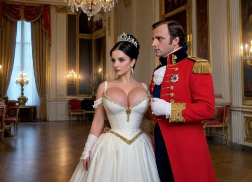uber realistic image, fullcolor image, full body view, 8K quality, ultra detailed, masterpiece, ((Napoleon Bonaparte and Josephine)), dressed as a general in Napoleon's army, in the ceremonial hall of Versailles, grabbed a woman by the breast, a woman in an 18th century French ball gown with an extremely deep neckline, (she has black hair), no nipples, extreme cleavage, side view, whole body in frame, whole body visible, large, breasts, big, boobs, huge, tits, <lora:bombshell_v2:2>