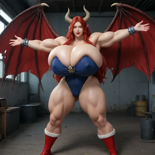 1girl, {{{{unbelievably mega gigantic colossal hypermuscles}}}}, {{{{unbelievably mega gigantic colossal hyperbreasts}}}}, {{{{unbelievably mega gigantic colossal hypernipples}}}}, {{{{unbelievably mega gigantic colossally swollen hyper-camel-toe}}}} DC Comic books, Superhero, Superheroine, standing in a high-tech, super science laboratory, unlimited magical growth and unrealistically distorted body part sizes, dark red skin, cascading extremely long curly dark crimson red hair, 10' tall, Tiefling Succubus amazon giantess with gigantic massive colossally muscular hyper-muscles with gigantic colossally muscular huge arm muscles, wearing a blue and white skintight ripped Superhero costume, porn star erotic model huge gigantic perky extremely round wide diameter hyper breasts boobs under the superhero costume, sexy female face, huge massive thick black spiral-shaped horns on her heard, a very short thick demon tail slightly curving behind her with a spade shaped tip at the end, pumped-up breasts, pumped-up muscles, huge massive colossal gigantic demon wings on her back reaching over halfway to the ground and rising above her head and flaring out to either side of her, gigantic sized muscular shoulders, extremely slim waist, unbelievably long and deep cleavage firmly pressed together, wide plush hips, gigantic bubble-butt, gigantic muscular girl, include extreme female hyper-muscle growth with supersized biceps and triceps and gigantic muscles bulging and ripping out of her top, extreme female hyper-breast growth to gigantic colossal perfectly round super-firm breasts firmly thrusting directly straight out from her chest, her breasts are so firm and rounded that they cover everything from base of her neck down to where they touch the middle of her thighs and stick out to beyond her arms, extremely long narrow deep cleavage, both breasts pressed firmly together, her of her costume, gigantic super-perky nipples tenting the fabric of the costume that covers them by thrusting upward from her breasts, gigantic arms, gigantic legs, extreme female muscle growth, each breast a thousand feet in diameter, each bicep and triceps five hundred feet in diameter, each breast's volume a thousand times her body mass, Biceps and Triceps volume a thousand times greater than body mass, Nipple volume greater than her body, colossal biceps, extreme breast growth, extreme nipple growth, extreme lactation, high volume lactation causing milk to gush from each nipple, massively swollen breasts, overfilled breasts, gigantic prominent noticeably swollen and bulging camel-toe with an extremely long massive slit, entire body volume greater than a thousand times more than a normal person, extremely noticeably prominent steroid muscle growth creating gigantic oversized slabs of muscles all over her body, gigantic prominent black areola bulging out from under each superhero costume covered nipple