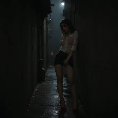 rich color palette, masterpiece, score_9, score_8_up, score_7_up, score_6_up, ((1 girl alone)), ((black handbag on the floor)), ((very rainy night)), ((full body)), ((heavy rain)), ((woman is in the shadows)), ((very narrow dark alley)), ((mascara running down face)), ((rain streaks down her body)), ((deep red lipstick)), ((tits clothed)), ((red high heel shoes)), (((slim body))), ((light from street lighting lights the woman's body)), ((light reflects off the woman's wet body)), ((heavy shadow)), ((raining very heavily)), a woman around 35-year-old, ((lighting is minimal)), ((dark shadow)), ((deep shadow)), (((standing and leaning against wall))), (skinny:1.1), ((horny slut)), ((her back is against a wall)), ((sideways to the camera)), ((body at 45 degrees to the wall)), ((her legs a little spread)), ((knees partially bent)), ((highly aroused)), ((looking at the viewer)), ((soaking wet clothes are soaking cling to wet body)), (no bra), ((very wet hair)), ((very wet clothes)), ((very wet body)), (((huge orgasm))), ((wet skin)), ((rain on skin)), ((shiny skin)), ((legs apart slightly)), ((white blouse)), ((massive tits and hard nipples are visible through the material)), ((black mini skirt is raised)), ((fingers in pussy)), ((orgasm)), dark, horror, black, 1girl, Short, Layered, Bob, fingering, pussy, <lora:2FingersSDXL_v03:.5>, orgasmface, <lora:orgasmface_SDXL:.5>, ruined, makeup, <lora:ruined1:.5>, hvrn, heavy, rain, <lora:607315_training_data:.5>, <lora:dark:.5>