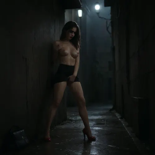 rich color palette, masterpiece, score_9, score_8_up, score_7_up, score_6_up, ((1 girl alone)), ((black handbag on the floor)), ((very rainy night)), ((full body)), ((heavy rain)), ((woman is in the shadows)), ((very narrow dark alley)), ((mascara running down face)), ((rain streaks down her body)), ((deep red lipstick)), ((tits clothed)), ((red high heel shoes)), (((slim body))), ((light from street lamps lighting the woman's body)), (tits:1.1), ((light reflects off the woman's wet body)), ((heavy shadow)), ((raining very heavily)), a woman around 35-year-old, ((lighting is minimal)), ((dark shadow)), ((deep shadow)), (((standing and leaning against wall))), (skinny:1.1), ((horny slut)), ((her back is against a wall)), ((sideways to the camera)), ((body at 45 degrees to the wall)), ((her legs a little spread)), ((knees partially bent)), ((highly aroused)), ((looking at the viewer)), ((soaking wet clothes are soaking cling to wet body)), (no bra), ((very wet hair)), ((very wet clothes)), ((very wet body)), (((huge orgasm))), ((wet skin)), ((rain on skin)), ((shiny skin)), ((legs apart slightly)), ((white blouse)), ((massive tits and hard nipples are visible through the material)), ((black mini skirt is raised)), ((fingers in pussy)), ((orgasm)), dark, horror, black, 1girl, Short, Layered, Bob, fingering, pussy, <lora:2FingersSDXL_v03:.5>, orgasmface, <lora:orgasmface_SDXL:.5>, ruined, makeup, <lora:ruined1:.5>, hvrn, heavy, rain, <lora:607315_training_data:.5>, <lora:dark:.5>
