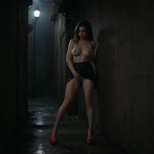 rich color palette, masterpiece, score_9, score_8_up, score_7_up, score_6_up, ((1 girl alone)), ((black handbag on the floor)), ((very rainy night)), ((3 quarters body)), ((heavy rain)), ((woman is in the shadows)), ((very narrow dark alley)), ((rain streaks down her body)), ((deep red lipstick)), ((tits clothed)), ((red high heel shoes)), (((slim body))), ((light from street lamps lighting the woman's body)), (tits:1.9), ((light reflects off the woman's wet body)), ((heavy shadow)), ((raining very heavily)), a woman around 35-year-old, ((lighting is minimal)), ((dark shadow)), ((deep shadow)), (((standing and leaning against wall))), (skinny:1.1), ((horny slut)), ((her back is against a wall)), ((sideways to the camera)), ((body at 45 degrees to the wall)), ((her legs a little spread)), ((knees partially bent)), ((highly aroused)), ((looking at the viewer)), ((soaking wet clothes are soaking cling to wet body)), (no bra), ((very wet hair)), ((very wet clothes)), ((very wet body)), (((huge orgasm))), ((wet skin)), ((rain on skin)), ((shiny skin)), ((legs apart slightly)), ((white blouse)), ((massive tits and hard nipples are visible through the material)), ((black mini skirt is raised)), ((fingers in pussy)), ((orgasm)), dark, horror, black, 1girl, Short, Layered, Bob, fingering, pussy, <lora:2FingersSDXL_v03:.5>, orgasmface, <lora:orgasmface_SDXL:.5>, ruined, makeup, <lora:ruined1:.5>, hvrn, heavy, rain, <lora:607315_training_data:.5>, <lora:dark:.5>