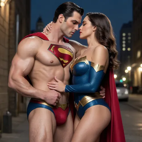 Superman and half naked wonderwoman in each other's arms kissing with the tongue and caressing sensually, superman penetrates wonderwoman's vagina with his erect penis, first love, penetrative sex, penis in the vagina full body view, hyperrealism, sharp, ultra detailed, sharp focus, best quality, masterpiece, intricate details, hyperrealistic, natural skin texture, city at night.