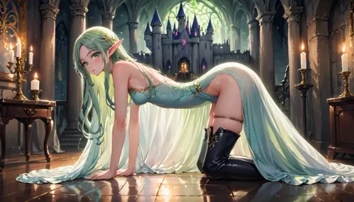 high res, masterpeice, watercolour effect, princess, elf, long hair, (very skinny), (tall), silk dress, candle lit room, castle, thigh high boots, an all fours, side on view, close up