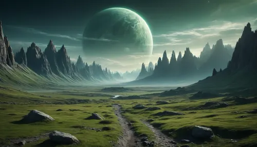 the distant future, incredible landscape, another planet, green