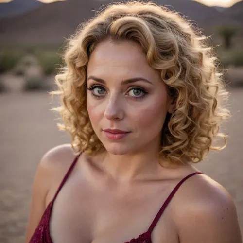 Portrait of 1woman, pretty, Caucasian, 40-years old, round face, ((perfect button nose), light reddish-blonde curly hair, ringlets, fair skin, big eyes, chubby, evening dress, love gaze, low-cut gown, at desert party)