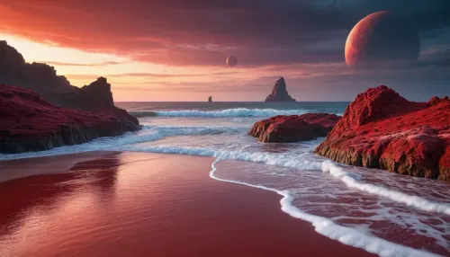 future, incredible landscape, planet, another planet, red, ocean, beach