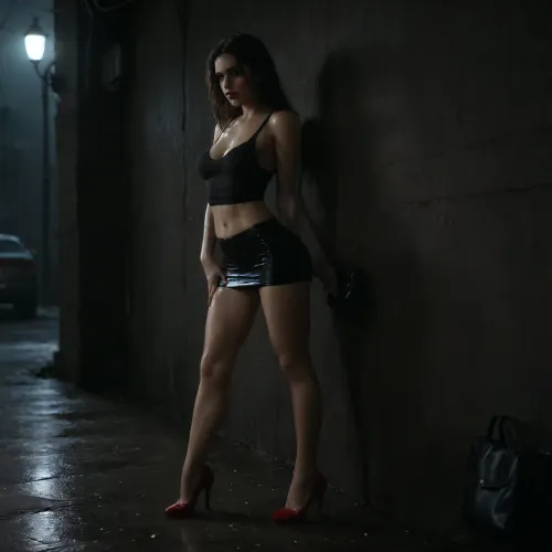 rich color palette, masterpiece, score_9, score_8_up, score_7_up, score_6_up, ((1 girl alone)), ((black handbag on the floor)), ((very rainy night)), ((full body view)), ((heavy rain)), ((woman is in the shadows)), ((very narrow dark alley)), ((rain streaks down her body)), ((deep red lipstick)), ((tits clothed)), ((red high heel shoes)), (((slim body))), ((light from street lamps lighting the woman's body)), (tits:1.5), ((light reflects off the woman's wet body)), ((heavy shadow)), ((raining very heavily)), a woman around 35-year-old, ((lighting is minimal)), ((dark shadow)), ((deep shadow)), (((standing and leaning against wall))), (skinny:1.1), ((horny slut)), ((her back is against a wall)), ((sideways to the camera)), ((body at 45 degrees to the wall)), ((her legs a little spread)), ((knees partially bent)), ((highly aroused)), ((looking at the viewer)), ((soaking wet clothes are soaking cling to wet body)), (no bra), ((very wet hair)), ((very wet clothes)), ((very wet body)), (oiled body:1.9), (((huge orgasm))), ((wet skin)), ((rain on skin)), ((shiny skin)), ((legs apart)), ((low cut blue tank top)), ((cleavage)), ((massive tits and hard nipples)), ((one nipple slip)), ((black mini skirt is raised)), ((fingers in pussy)), ((orgasm)), dark, horror, black, 1girl, Short, Layered, Bob, (((squirting orgasm))), fingering, pussy, <lora:2FingersSDXL_v03:.5>, orgasmface, <lora:orgasmface_SDXL:.5>, ruined, makeup, <lora:ruined1:.5>, hvrn, heavy, rain, <lora:607315_training_data:.5>, <lora:dark:.5>