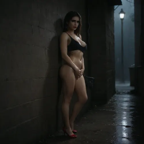 rich color palette, masterpiece, score_9, score_8_up, score_7_up, score_6_up, ((1 girl alone)), ((black handbag on the floor)), ((very rainy night)), ((full body view)), (looks at viewer), ((heavy rain)), ((woman is in the shadows)), ((very narrow dark alley)), ((rain streaks down her body)), ((deep red lipstick)), ((tits clothed)), ((red high heel shoes)), (((slim body))), ((light from street lamps lighting the woman's body)), (tits:1.5), ((light reflects off the woman's wet body)), ((heavy shadow)), ((raining very heavily)), a woman around 35-year-old, ((lighting is minimal)), ((dark shadow)), ((deep shadow)), (((standing and leaning against wall))), (slim:1.1), ((horny slut)), ((her back is against a wall)), ((sideways to the camera)), ((body at 45 degrees to the wall)), ((her legs a little spread)), ((knees partially bent)), ((highly aroused)), ((looking at the viewer)), ((soaking wet clothes are cling to body)), (no bra), ((very wet hair)), ((very wet clothes)), ((very wet body)), (oiled body:1.9), (((huge orgasm))), ((wet skin)), ((rain on skin)), (nipple slip), ((shiny skin)), ((legs apart)), ((low cut blue tank top)), ((cleavage)), ((massive tits and hard nipples)), ((one nipple slip)), ((black mini skirt is raised)), ((fingers in pussy)), ((orgasm)), dark, horror, black, 1girl, Short, Layered, Bob, (((squirting orgasm))), fingering, pussy, <lora:2FingersSDXL_v03:.5>, orgasmface, <lora:orgasmface_SDXL:.5>, ruined, makeup, <lora:ruined1:.5>, hvrn, heavy, rain, <lora:607315_training_data:.5>, <lora:dark:.5>