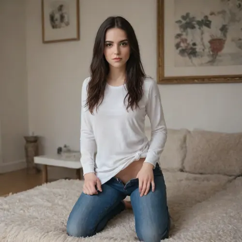 beautiful girl, 20 years old, very long straight hair, black hair, sensual expression, angelical face, big brown eyes, realistically detailed eyes, pale skin, sexy slim body, big round butt, small round breasts, detailed face, perfect face, pose in the living room, wearing pants jeans and white shirt, front view, full all body view, high quality, professional picture, masterpiece, ultra-realistic, pale, skin, <lora:523419_training_data:1.5>, <lora:Pale_Skin_SDXL_v1.0:1.8>, <lora:Her_Eyes:1>