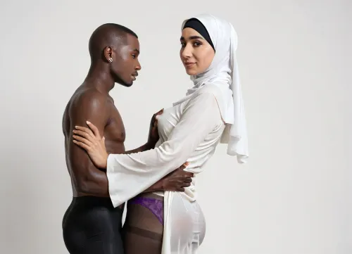 1girl, 1boy, 29yo, (Asian girl), is getting groped by, (black man), Asian woman, thick body, milf, hijab, white robes, studio, photoshoot, ((black man)), interracial, (purple brief underwear), realistic skin, ((groping)), (pantyhose), (small tight ass), studio lights, green screen, (standing), movie set, modeling