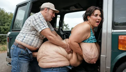 A gas station attendant in a gas station attendant's costume has groping sex with a horny aged trucker, a man in a cap and a plaid shirt, jeans are down, sex in clothes, torn clothes of a girl, extreme fat, obese, (little bit cellulite), bbw woman tanned skin, one aged man trucker, gas station, truck stop, hard groping, girl moaning and resisting, man holding girl by hair, girl 40 years old, mature, chubby, busty, milf, man groping fat girl in various position, man biting girl, girl with naturel saggy breasts
no intercourse-only groping and grabbing
fat sagging belly hard grabbed and squeezed by the aged trucker man