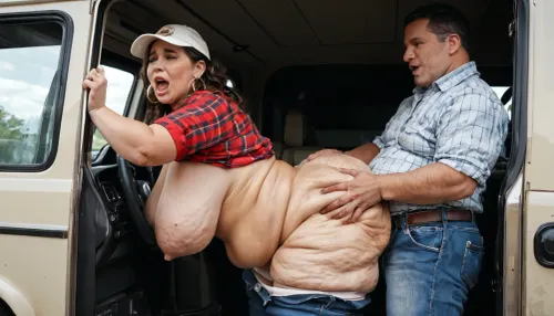 A gas station attendant in a gas station attendant's costume has groping sex with a horny aged trucker, a man in a cap and a plaid shirt, jeans are down, sex in clothes, torn clothes of a girl, extreme fat, obese, (little bit cellulite), bbw woman tanned skin, one aged man trucker, gas station, truck stop, hard groping, girl screaming and resisting, man holding girl by hair, girl 40 years old, mature, chubby, busty, milf, man groping fat girl, man biting girl, girl with naturel saggy breasts
no intercourse-only groping and grabbing
side view-fat sagging belly hard grabbed by the aged trucker man