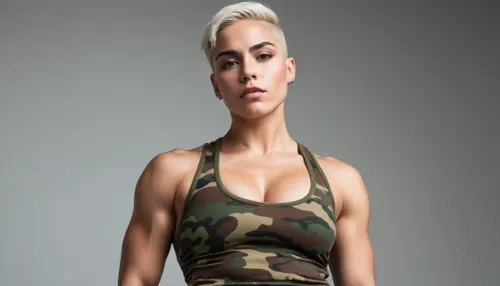 queer non-binary tomboy masculine androgynous girl, very muscular, large biceps, very short shaved hair with undercut, piercings, full-body view, sexy outfit, high contrast, high quality details, armpits, camouflage outfit with long pants and tight tanktop too small for boobs, veins, masculine jaw, dominant, muscular shoulders, white plain background, huge fake boobs, thick straight eyebrows