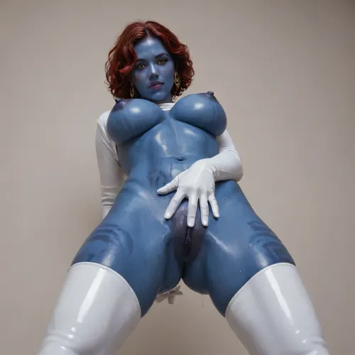 Mystique from X-men, short red hair, milf, Dark blue alien, dark blue skin, entire body is dark blue, face cover in dark blue paint, arms covered in dark blue paint, stomach covered in dark blue paint, tits covered in dark blue paint huge tits, double d bolt on tits, busty, seductive, confident, sexy, thick, spreading her juicy ass open, horny, plump lips, point of view, touching her tits, captured hand on her underneath her big tits, biting her lip standing, juicy, perfect asshole, white gloves, thigh high white boots, glowing yellow eyes, puckering her lips, intensely moaning, insanely horny, drenched in lube, glistening skin