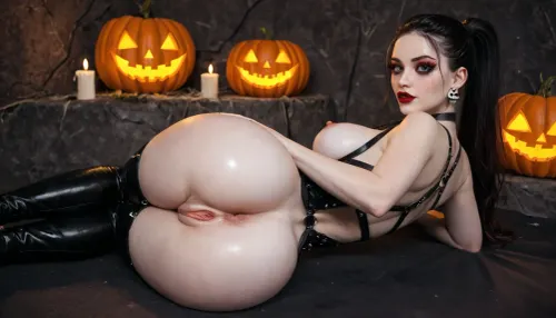 girl at home, goth style makeup, very pale skin, freckles, 18 years old, ((from behind:1.5)), evil bitch, slutty, looking at viewer, black latex harness, eye contact with viewer, provocative, choker, long black hair in ponytail, ((halloween environment:1.8)), goth girl, pale skin, ((large breasts:1.4)), posing, cute face, thin body, erect nipples, ((thin waist:1.4)), ((huge round ass:1.6)), ((one leg pulled up)), onion booty ass, big round butt, ass up, (micro-waist:1.5), wide hips, thick thigs, small mouth, large cameltoe pussy, oversized pussy, red lipstick, slutty makeup, micro-waist, flirting with viewer, ((lying on her side)), ((laying on side)), from behind, warm summer light from the side, ((exposing pussy:1.7)), intricately detailed shadows, light very slightly shining through her hair, artistic quality photo, 4ss_p4nts, shiny, pants, perfecteyes, <lora:Ass_Pants_XL:.8>, <lora:lora-sdxl-perfect-eyes:.8>, <lora:Thigh_gap_SDXL:.8>, harness, garter, straps, cupless, bra, <lora:Harness_Straps_sdxl:.8>